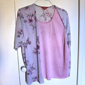 Ilya Two-Layer Casual Top, Grey and Pink with Floral Pattern, XL
